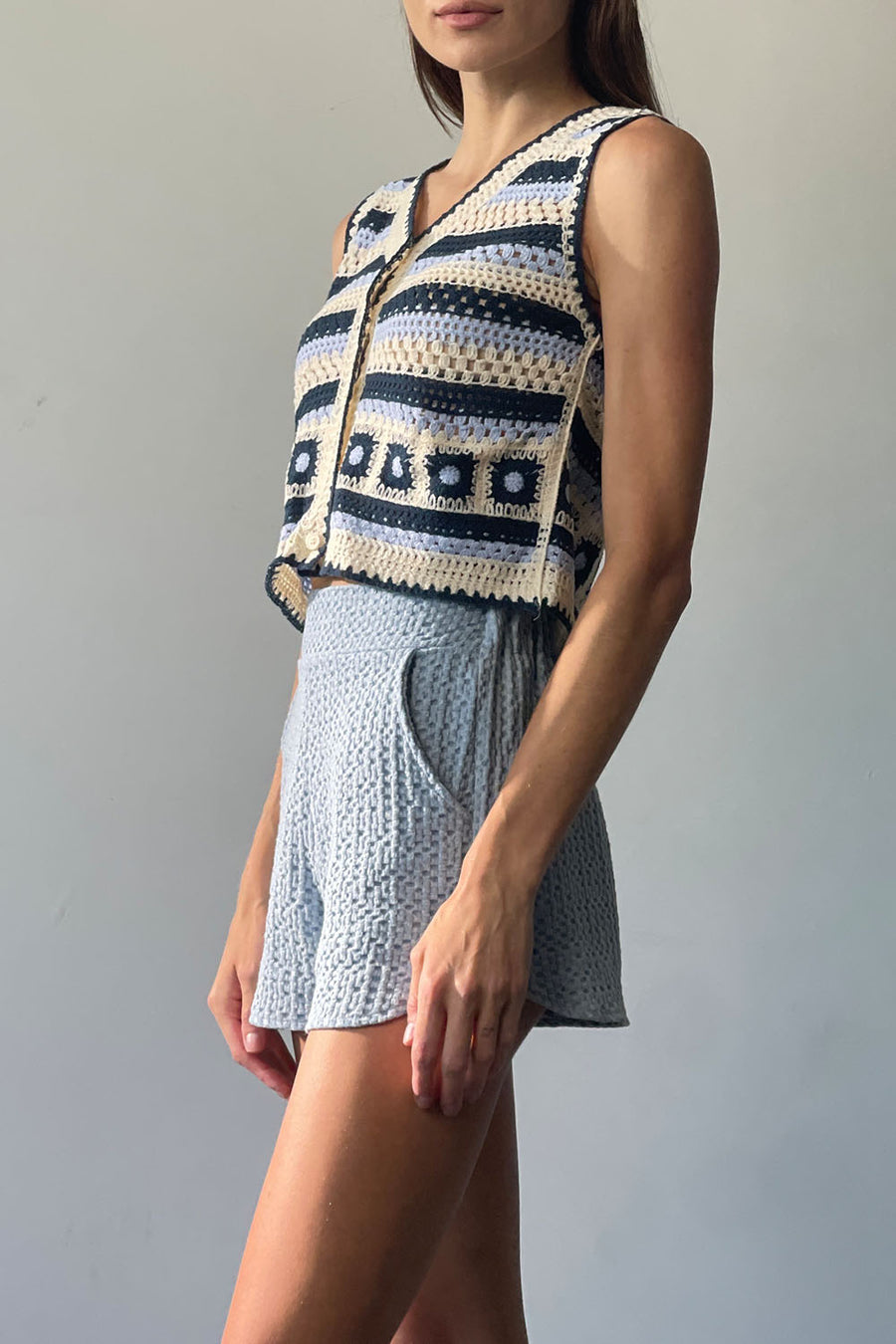 Striped Button Crochet Vest