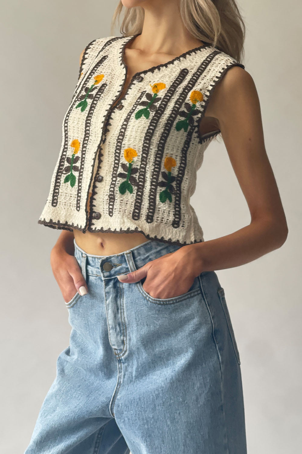 Flower Crochet Button Vest