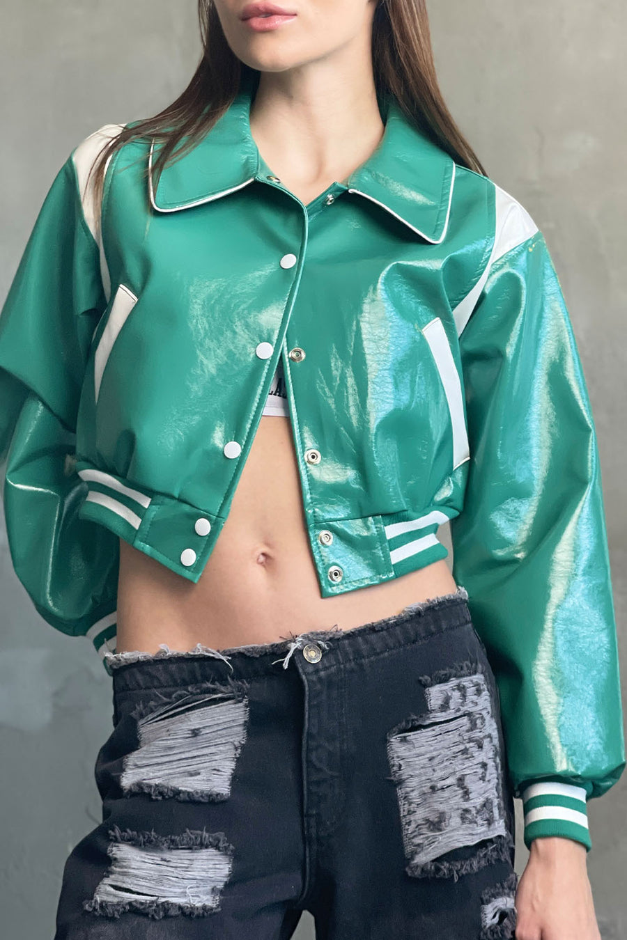 High Glossy Collar Varsity Jacket