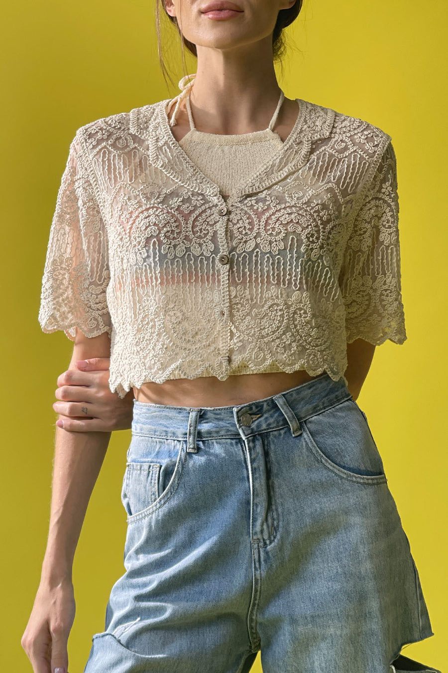 Cropped Lace Cardigan Blouse