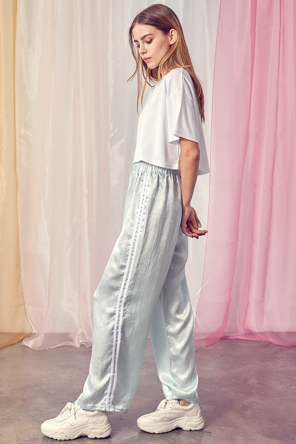 Pink satin hot sale track pants