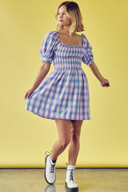 Plaid Square Neck Puff Sleeve Shirred Dress