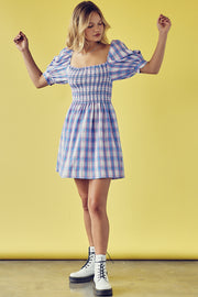 Plaid Square Neck Puff Sleeve Shirred Dress