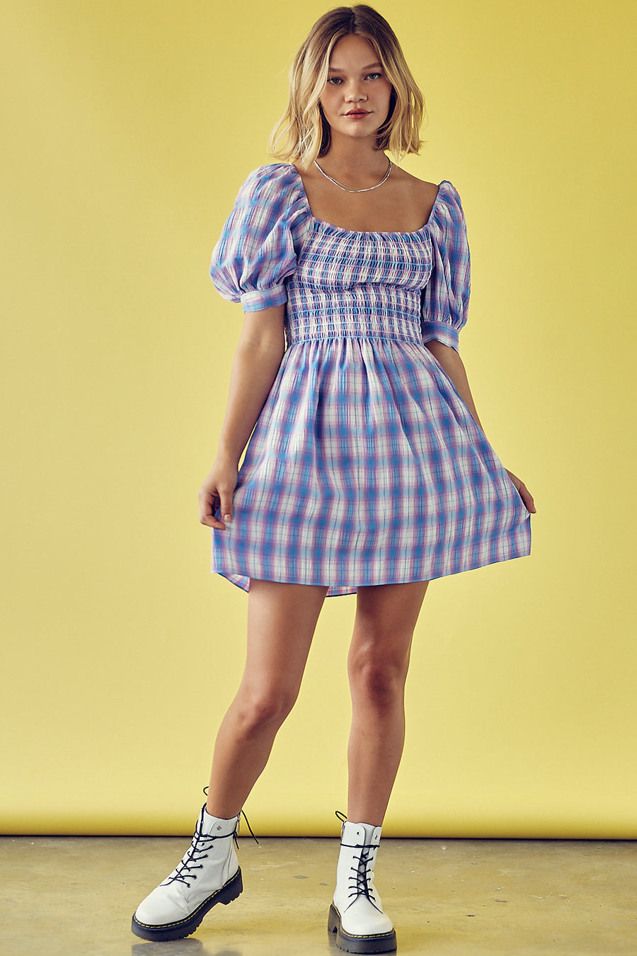 Plaid Square Neck Puff Sleeve Shirred Dress