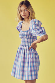 Plaid Square Neck Puff Sleeve Shirred Dress