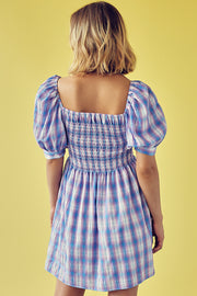 Plaid Square Neck Puff Sleeve Shirred Dress