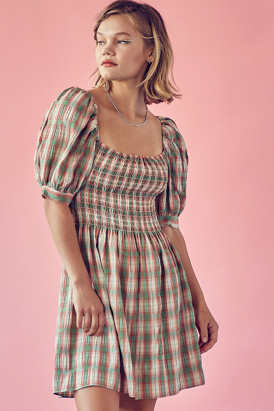 Plaid Square Neck Puff Sleeve Shirred Dress