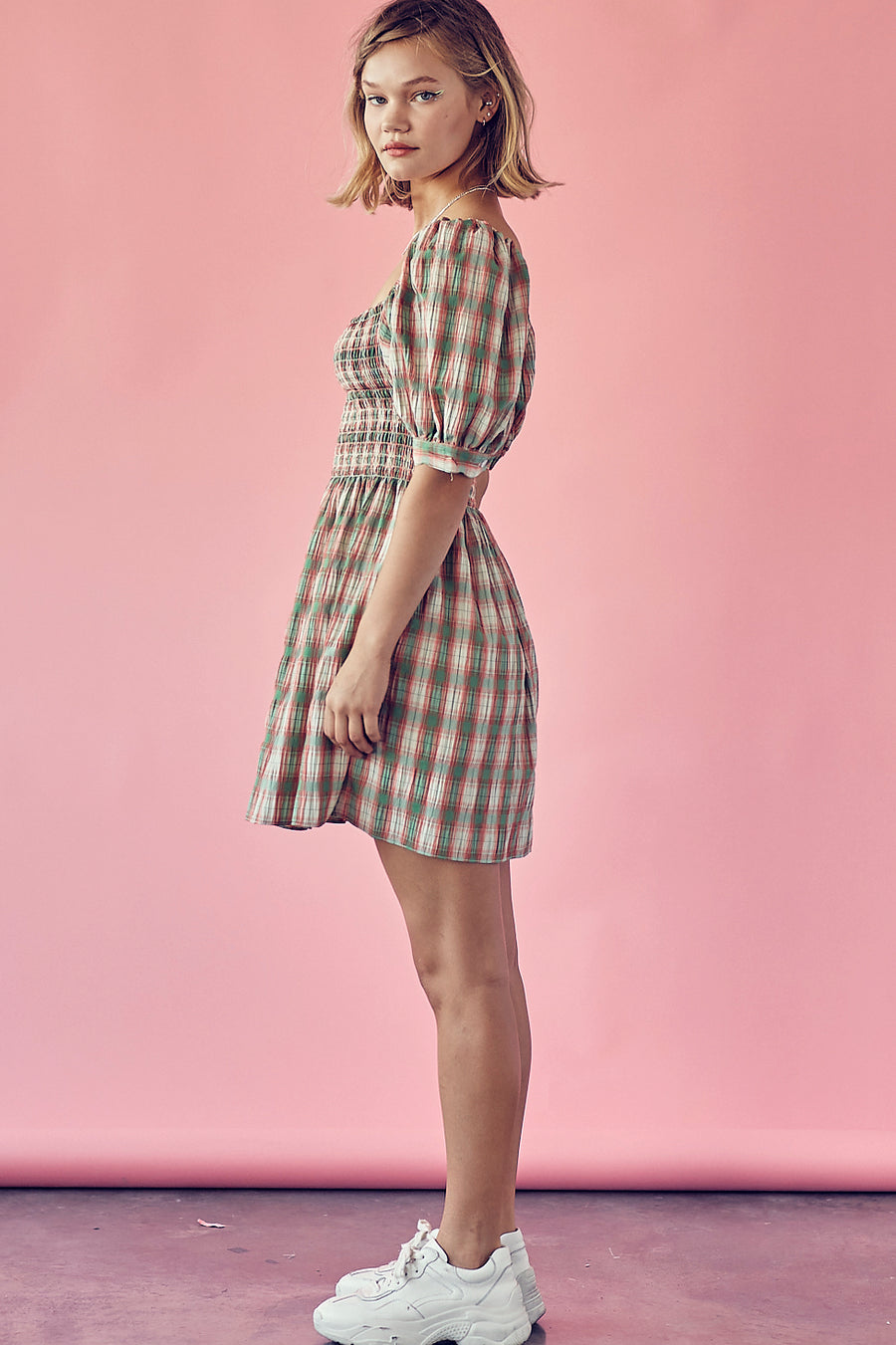 Plaid Square Neck Puff Sleeve Shirred Dress