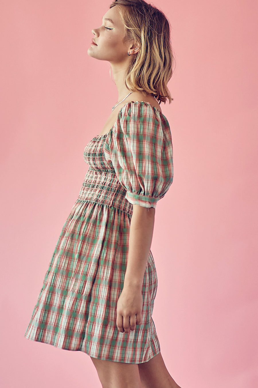 Plaid Square Neck Puff Sleeve Shirred Dress