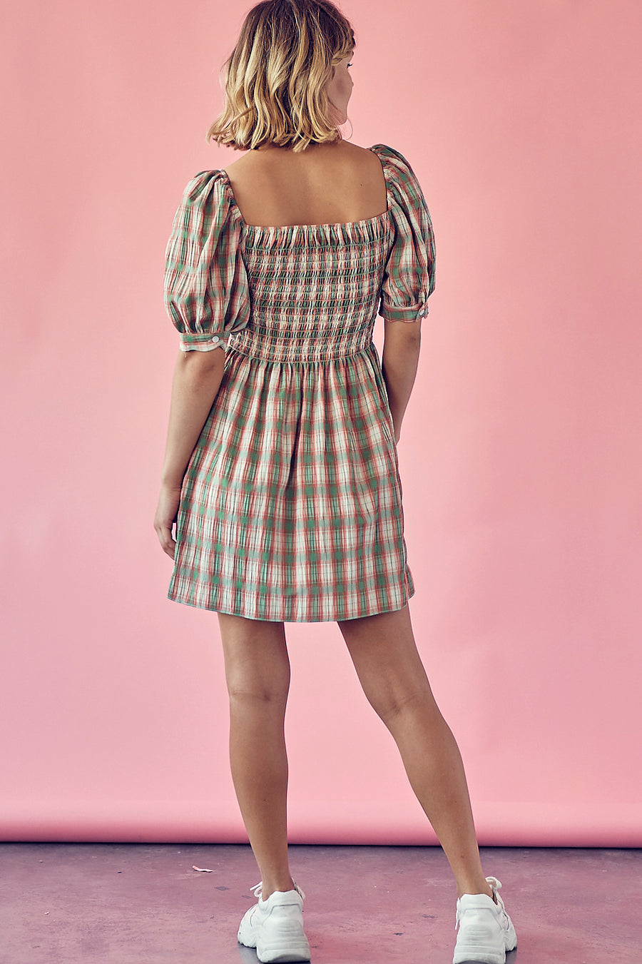 Plaid Square Neck Puff Sleeve Shirred Dress